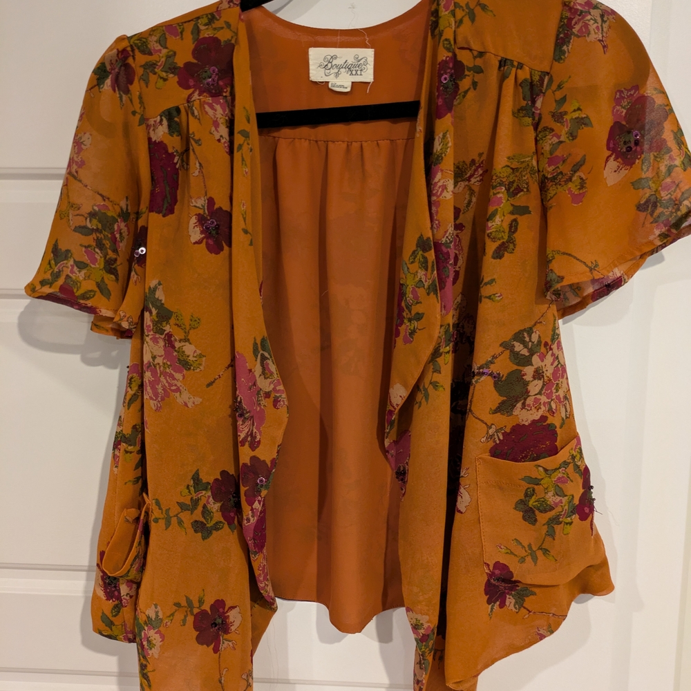 Easel Floral Open-Front Blouse in Orange and Purple